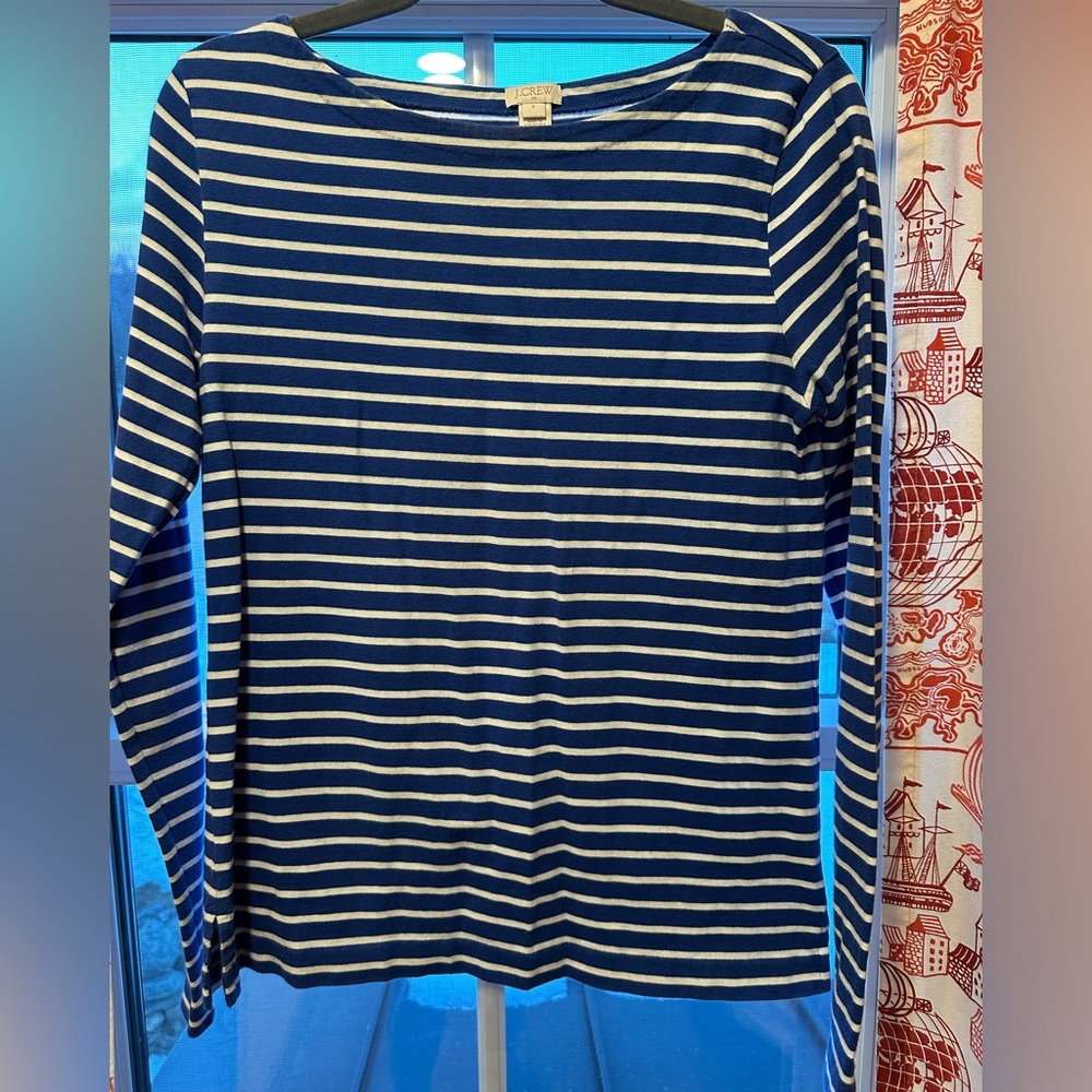 EUC J Crew Blue and White Striped Long Sleeve Boatneck Shirt